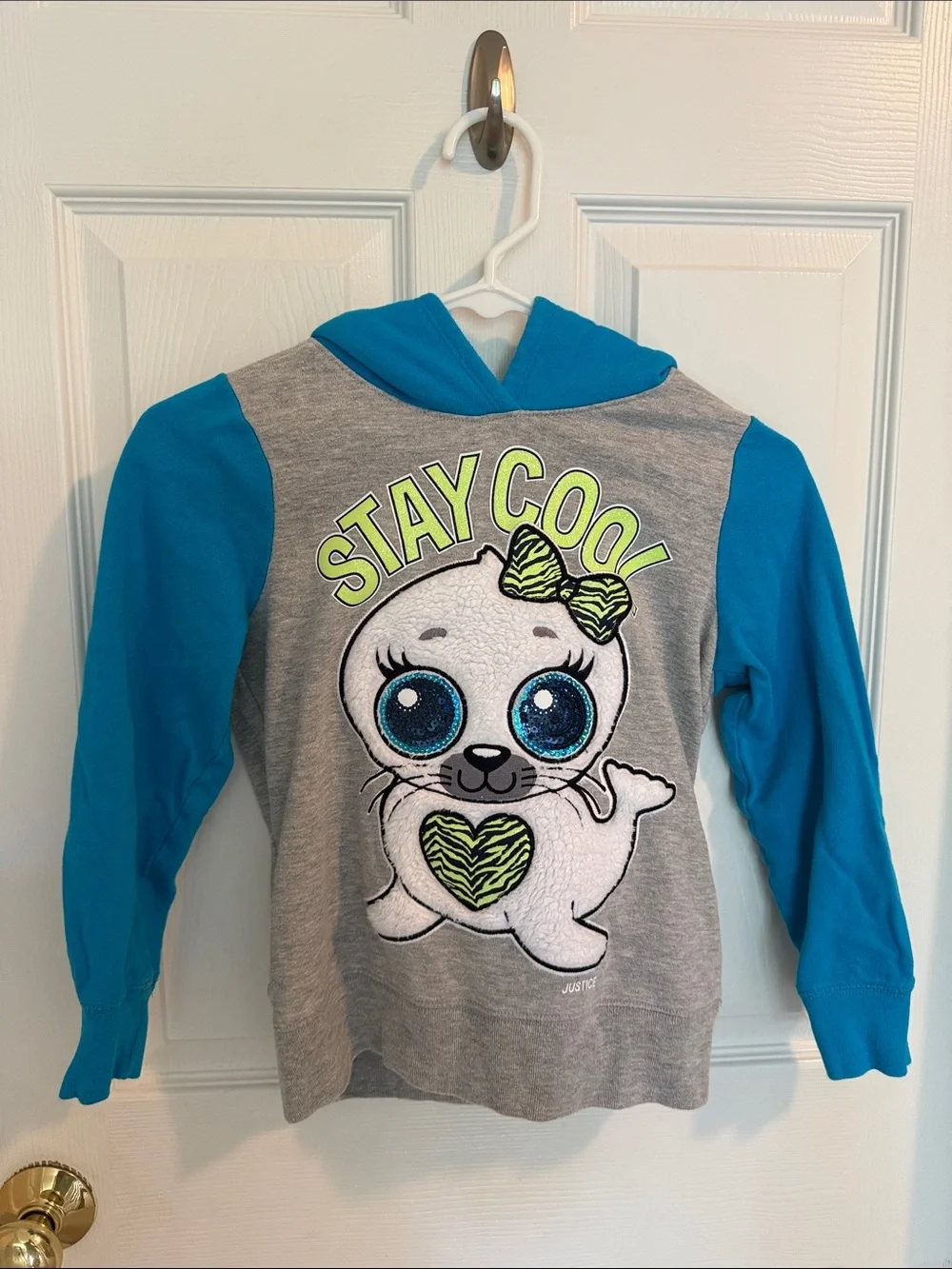 Justice Stay Cool Seal Hoodie Tee - Gray with Blue Sleeves Girls Size 8